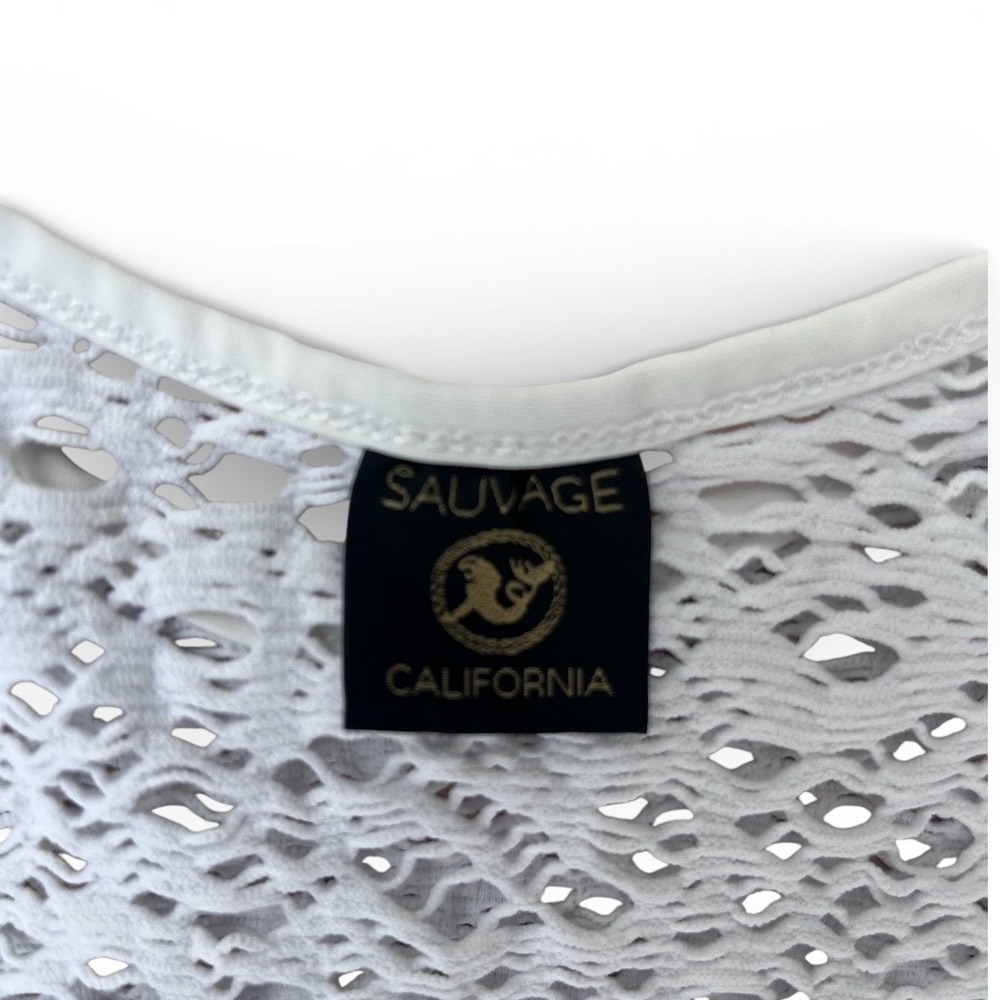 Sauvage California White Crochet Mini Dress Swim Cover Up Cotton V-Neck USA Made - Picture 3 of 3